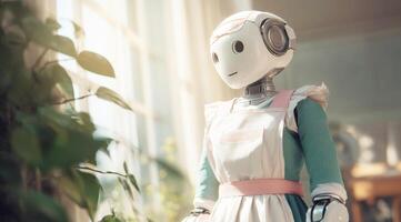A robotic assistant dressed in a cleaning apron stands in a well-lit apartment. Sunlight floods through the windows, highlighting the modern decor. photo