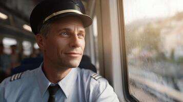 A train conductor sits inside a train, looking out the window. The setting is calm, with rain on the glass and a soft light illuminating the interior. photo