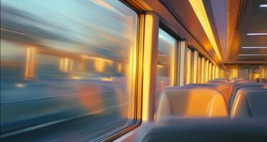 A dedicated train conductor oversees the operation of the train, bathed in golden sunlight. The interior showcases modern design with empty seats, reflecting a calm journey ahead. photo
