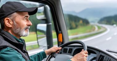 A man with a grey beard drives a truck on a rural highway surrounded by lush greenery and distant mountains. photo