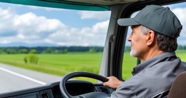 A man drives a truck through an expansive green landscape under a clear blue sky. The driver appears focused and calm while maneuvering along the highway surrounded by nature. photo