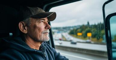 A man in a truck thoughtfully looks out the window while driving along a busy highway on a rainy day. The road is filled with vehicles, surrounded by trees and urban structures. photo