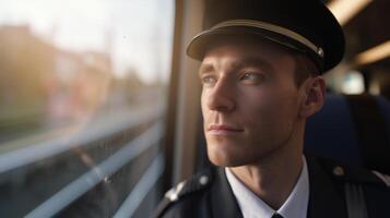 A conductor gazes thoughtfully out the window of a moving train, immersed in his thoughts. The soft afternoon light highlights his focused expression as he oversees the journey ahead. photo