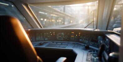 A train conductor oversees operations from a high-tech control cabin during sunset. The warm glow of the setting sun highlights the advanced displays and instruments used for train management. photo