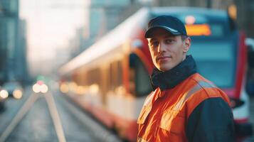 A man dressed in a conductor uniform stands confidently beside a train during dusk. He monitors the tracks and surrounding area in a busy urban environment where trains are an essential service. photo