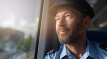 A man in a conductor's uniform gazes thoughtfully out of a train window while traveling during the day. His expression reflects a sense of duty and admiration for the scenery passing by. photo