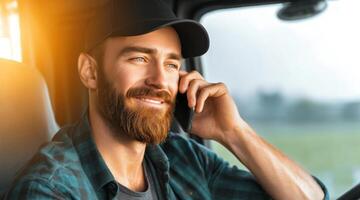 A man with a beard is smiling while on a phone call from the driver's seat of a truck. The cabin is well-lit with natural light coming through the windows, showcasing a relaxed atmosphere. photo