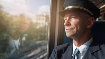 A man dressed in a conductor's uniform looks thoughtfully out the window of a train. The warm sunlight highlights his focused expression as he enjoys the view during a break in his duties. photo