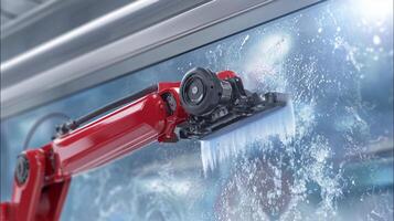 A robotic arm is actively cleaning surfaces in a contemporary apartment. The advanced technology utilizes precision movements for efficient cleaning. photo