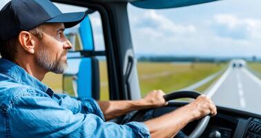 A man drives a large truck along a winding country road surrounded by green fields under a clear blue sky. He maintains focus on the road while adjusting his grip on the steering wheel. photo