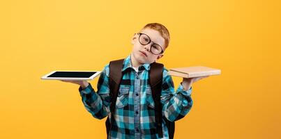 Confused kid schooler with backpack and glasses holding digital tablet and book, choosing between studying and playing, yellow studio background, copy space. Paper book vs digital tablet photo