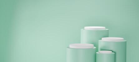 Four elegant cylindrical podiums of different heights with white platforms set against a pastel green background, Modern minimalist product displays, branding visuals, 3D render product. photo