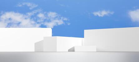 Minimalist white square podiums contrast against a bright blue sky and soft cloud. Clean, abstract outdoor setting creates a serene backdrop, Showcasing products or architectural and conceptual themes photo