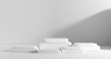 3D render, Square podium white pedestals under soft lighting, creating minimalist background. Showcasing beauty, skincare, tech, or fashion products in e-commerce, ads, and branding visuals. photo
