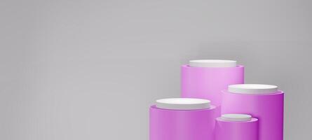 3D render product, four elegant cylindrical podiums of different heights with purple platforms set against a white background, Modern minimalist product displays, branding visuals, Stand show. photo