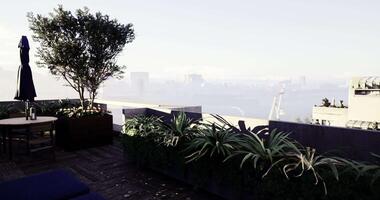 CGI Skyline view from a modern rooftop terrace in an urban environment video