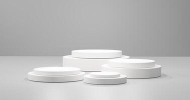 Minimal white round podium stage set on gray background for product display, branding, or presentation. Empty 3D cylinder pedestal with soft lighting for mockup, marketing, and commercial use. photo