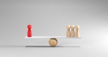3d Red doll and wooden doll figures balanced on a scale, symbolizing equality, leverage, strategic decision-making. Conceptual reflects fairness, power dynamics, resource management in modern business photo