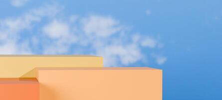 Minimalist 3D render of a vibrant orange podium set beneath a sky blue backdrop with soft clouds. Perfect for creative campaigns, product placement, cosmetic branding, and modern visual storytelling. photo