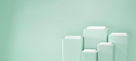 Minimalist 3D render of geometric podiums in pastel green with white tops, perfect for product display, branding mockups, or modern design backgrounds with clean, soft aesthetics, product stand show. photo
