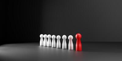3D render concept of leadership and talent management with a red wooden figure standing out from the crowd. Great for illustrating HR, teamwork performance, recruitment, and business growth visuals. photo