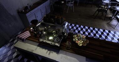 CGI Modern coffee shop setup with espresso machine and pastries on display video