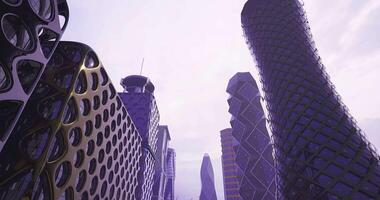 CGI Futuristic urban landscape with unique architecture under a cloudy sky video