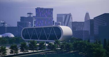 CGI Modern architecture by the waterfront in a futuristic city at dusk video