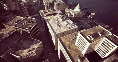CGI Aerial view of a vibrant cityscape with diverse building designs and structures video