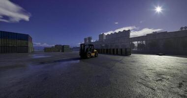 CGI Heavy machinery operates in shipping yard during twilight hours video