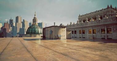CGI Unique rooftop view of a historic building with modern city skyline backdrop video