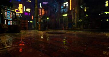 CGI Vibrant urban night scene with reflections on wet pavement after rain video