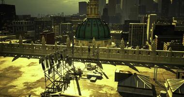 CGI Urban rooftop view showcases city skyline and historic dome at sunset video