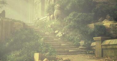 CGI Mysterious ruins with ancient stone lion and overgrown steps in misty light video