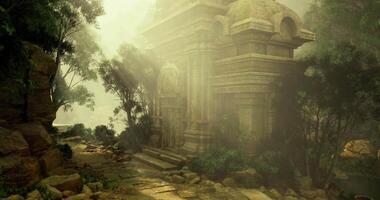 CGI Ancient stone temple surrounded by dense forest and misty atmosphere video