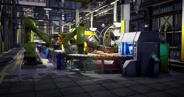 CGI Industrial robots assemble machinery in a modern factory environment video
