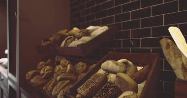 CGI Freshly baked bread displayed at a local bakery during morning hours video