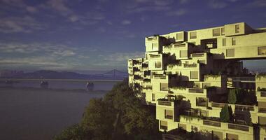 CGI Modern architecture reflects sunlight over river at twilight video