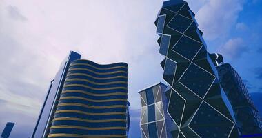 CGI Modern skyscrapers exhibit innovative architecture and design in a city skyline video