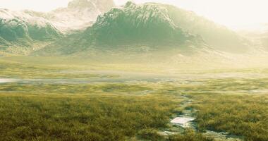 CGI Mountain landscape during golden hour with lush greenery and water video