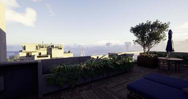 CGI Relaxing rooftop terrace with modern furnishings and city skyline view video
