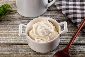 A bowl of sour cream next to a spoon photo