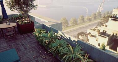 CGI Modern rooftop garden with scenic river view during early morning light video