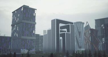 CGI Modern urban skyline showcasing futuristic architecture in overcast weather video