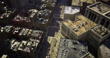 CGI Birds eye view of a bustling urban area with detailed city structures video