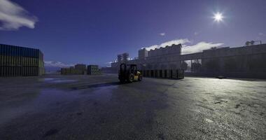 CGI Forklift moving pallets in a busy shipping yard at dawn video