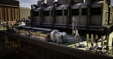 CGI Industrial rooftop with pipes and machinery in a city setting during the day video