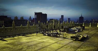 CGI Rooftop view showcasing city skyline during twilight with structures video