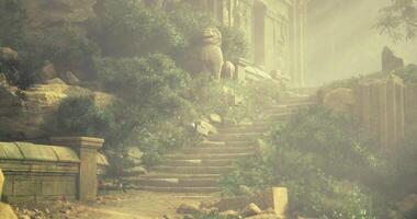 CGI Ancient ruins with overgrown stairs and stone lion in a misty forest video