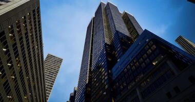 CGI High rise buildings reach towards the evening sky in a bustling city video